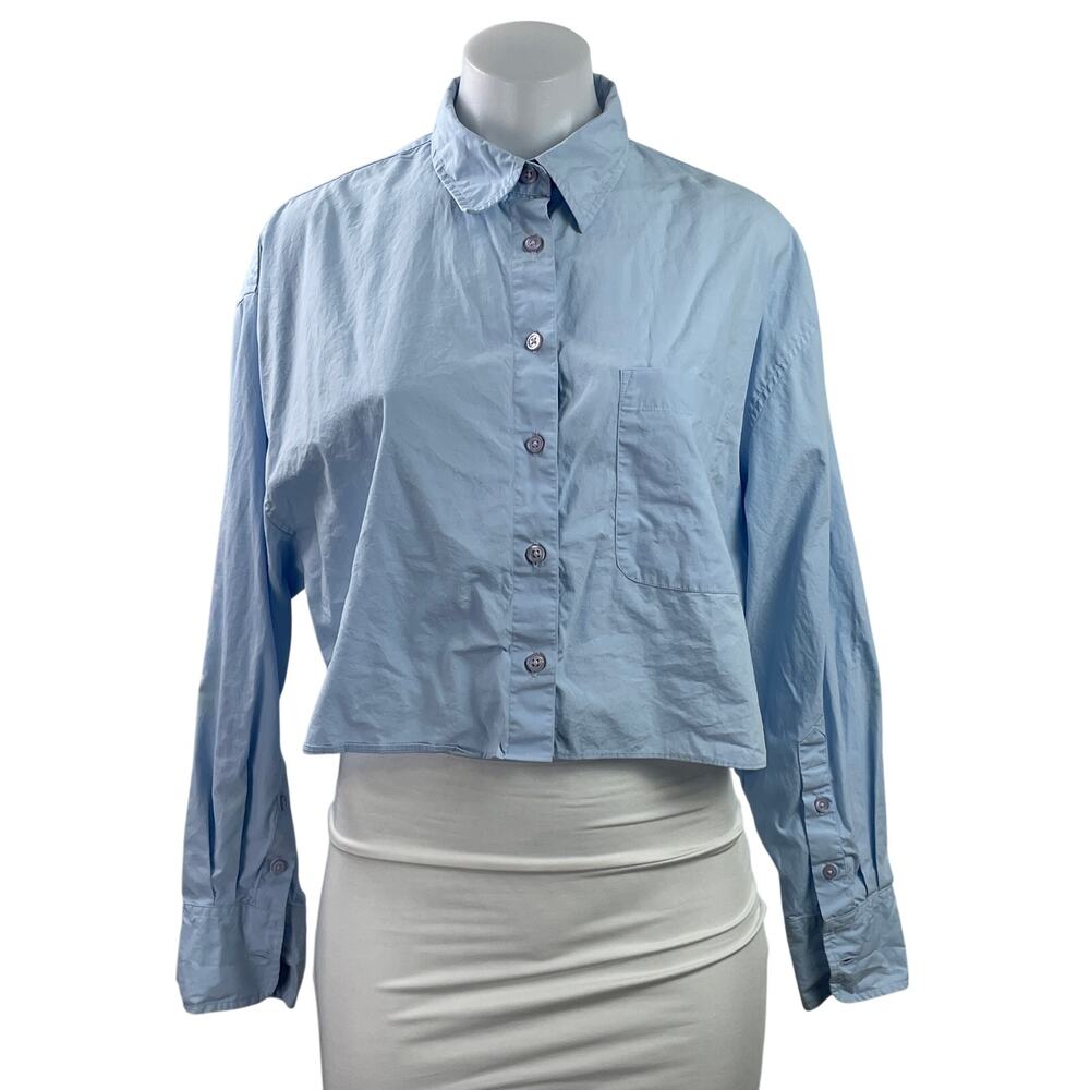 French Connection Women's Blue Long Sleeve Pocket Crop Button Down Shirt Size XS